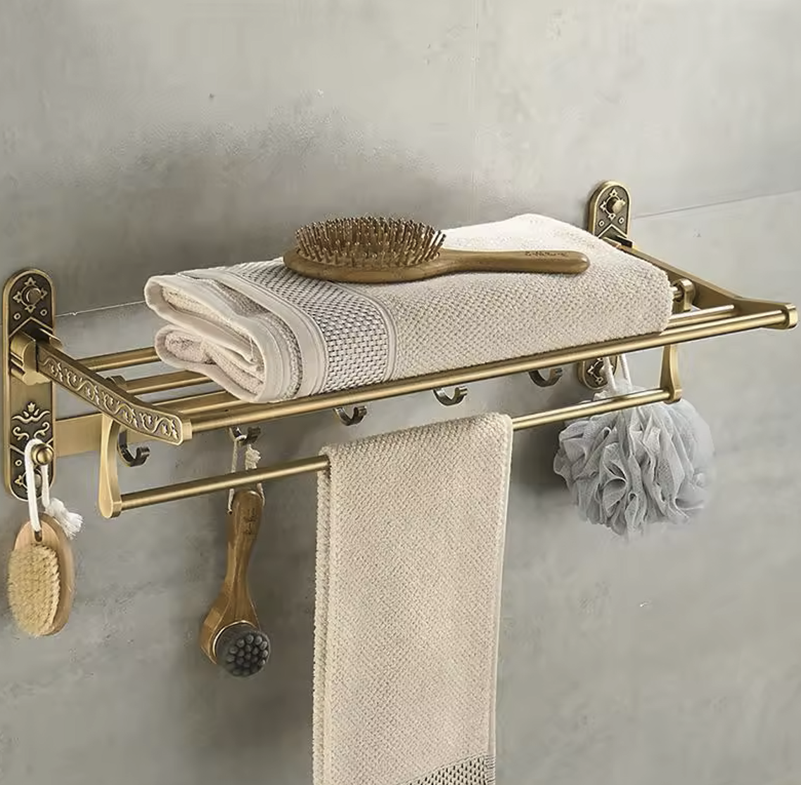 Opulance antique brass towel shelf