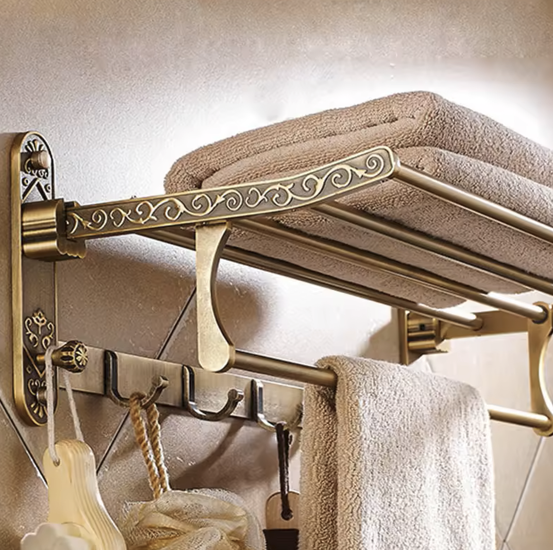 Opulance antique brass towel shelf